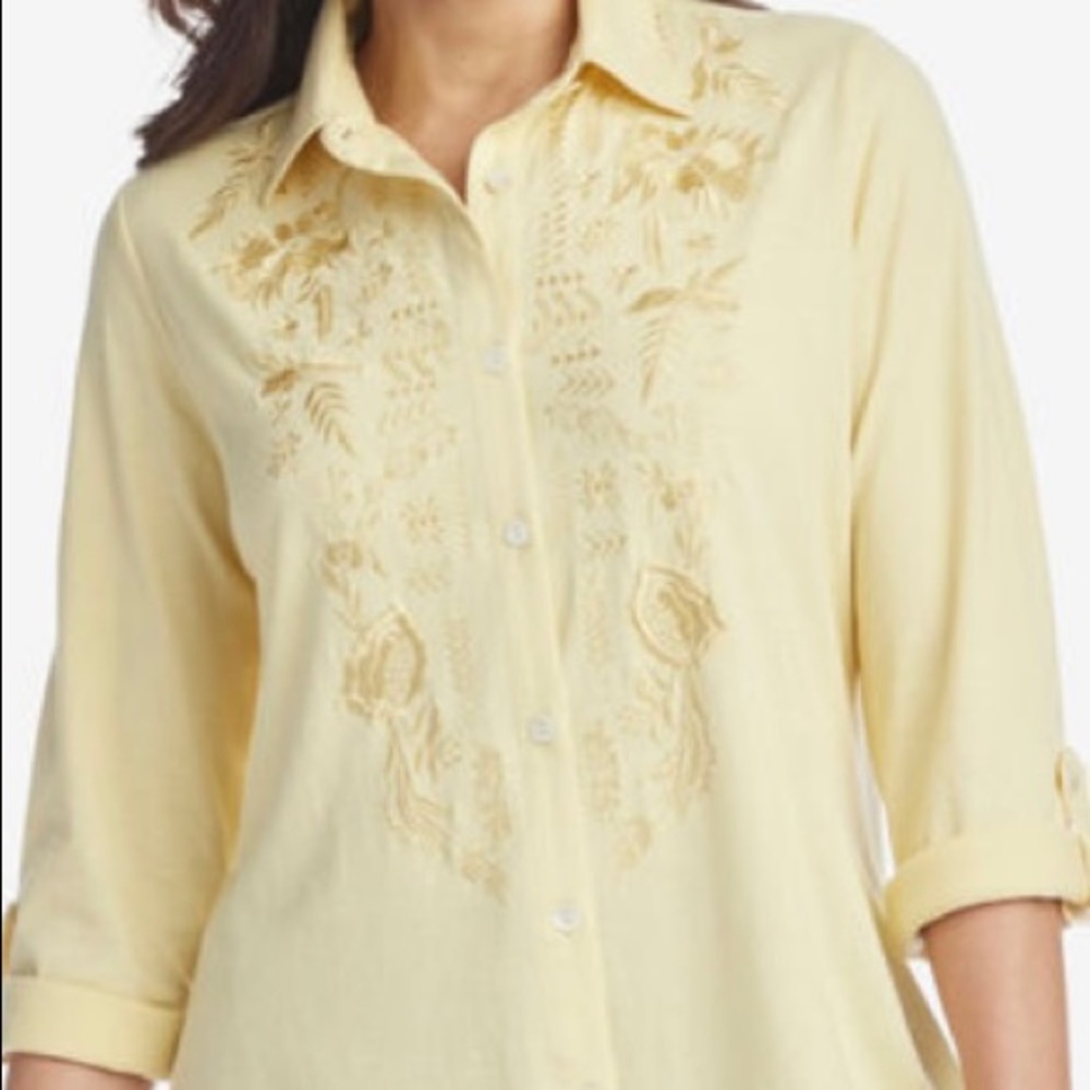 Woman Within Button-Front
Embroidered Tunic Top Large Yellow NW/oT